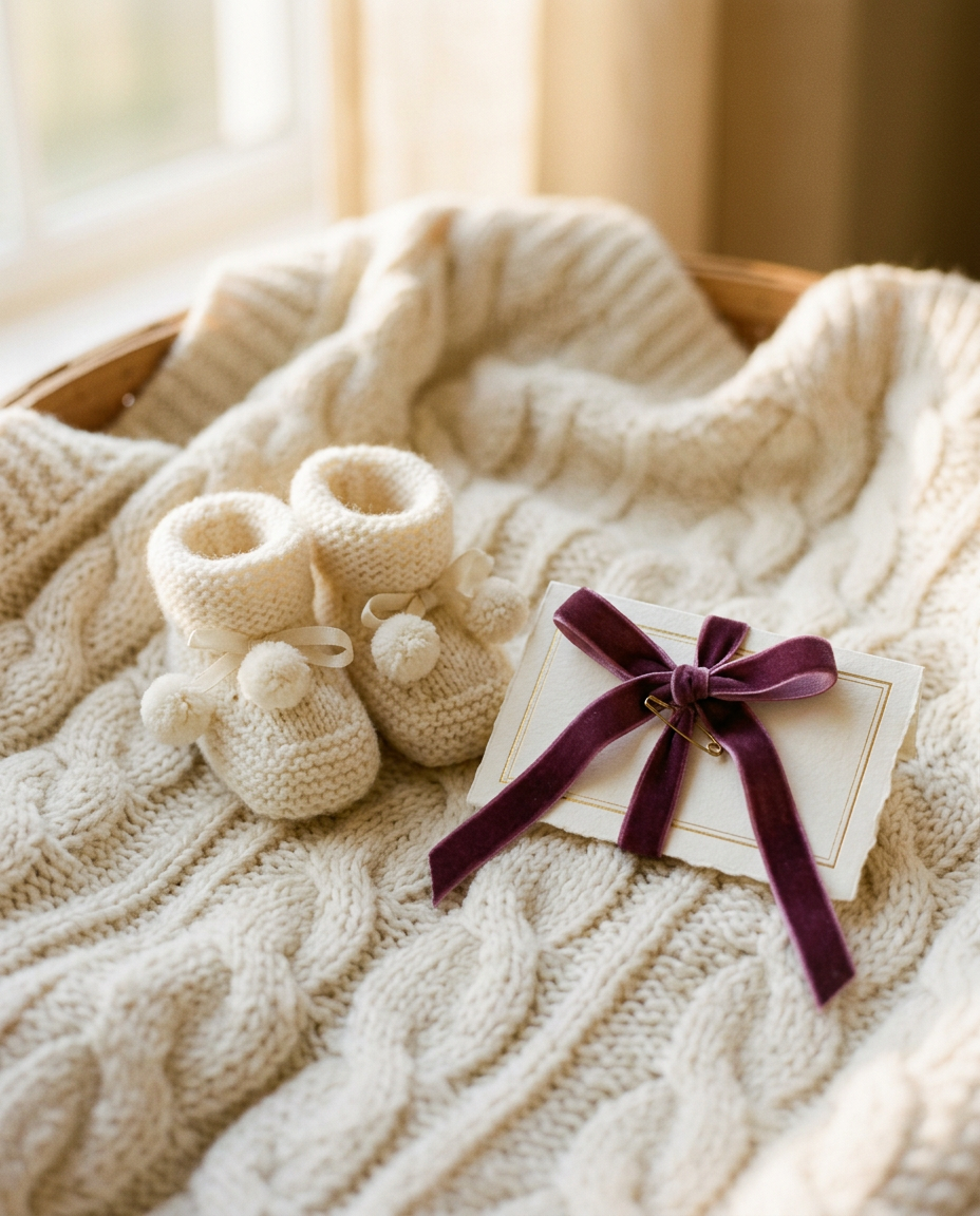 Baby shoes and a blank name card on a soft blanket